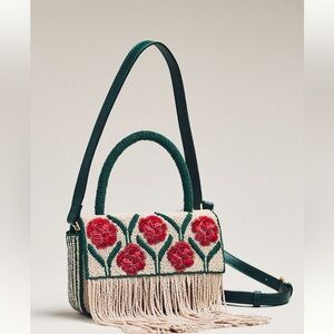 Beaded Fringe Floral Top-Handle Bag